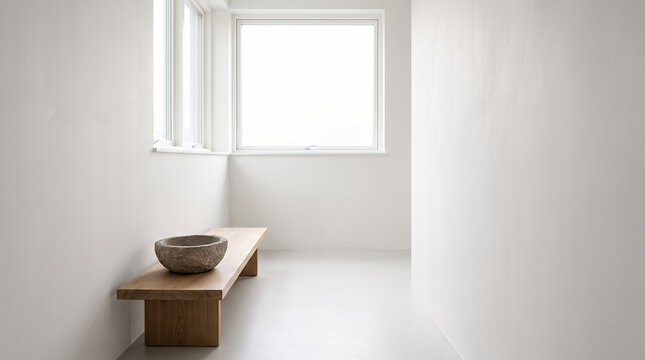 Bright minimalist room with wooden bench and carved stone bowl