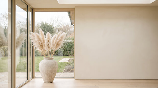 Minimalist empty room with pampas grass vase and garden view