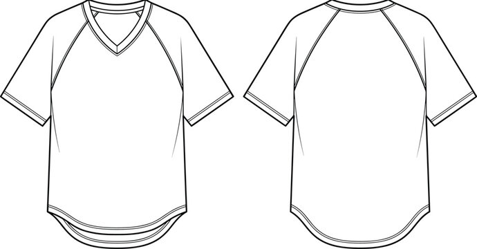 Technical fashion flat sketch of short sleeve raglan v-neck t-shirt with curved hem front and back views