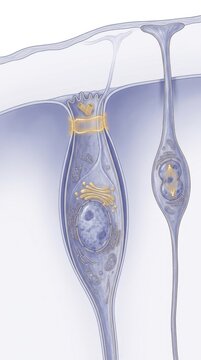 Neural stem cell demonstrating asymmetric division, showing internal organelle structure, visualizing active nucleoplasm, tracking cytoplasmic mitochondrion, detailing mitotic spindle fiber.