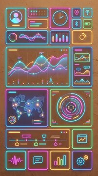 Neon technology dashboard interface with digital graphs charts and icons in a minimalist grid style for data analysis and user interface design