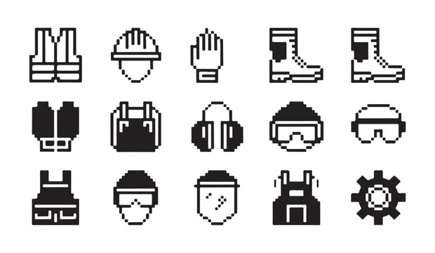 Protective workwear pixel art icons collection featuring safety vests helmets overalls and face shield gear.