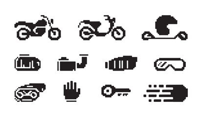 Pixel art motorcycle, scooter, and various transportation-related objects and accessories in a simple style. © VANU