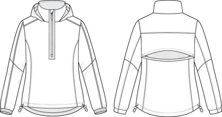 Technical fashion flat sketch of women half zip hooded windbreaker pullover jacket front and back views © bipul stok