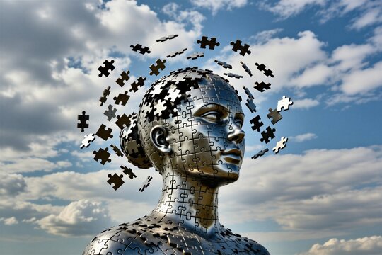 Surreal metallic sculpture of female human head consists of puzzle pieces floating against blue cloudy sky. Shiny chrome art object represents mental health concepts psychological breakdown.