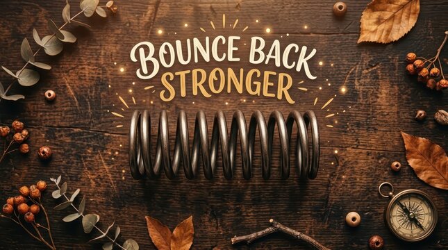 Conceptual image of a strong metal coil and the text "Bounce Back Stronger" with autumn elements
