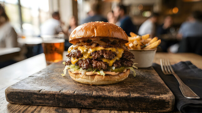 A delicious double beef smash burger with melted cheddar cheese, caramelized onions, and fresh lettuce served on a rustic wooden board in a pub.