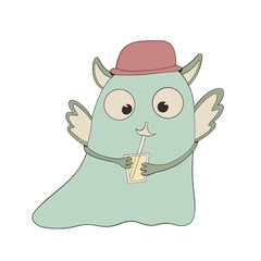 Cute green monster wearing a hat drinking boba illustration © Ade