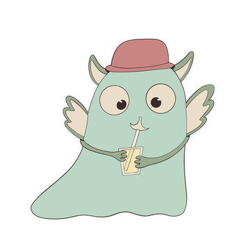 Cute green monster wearing a hat drinking boba illustration