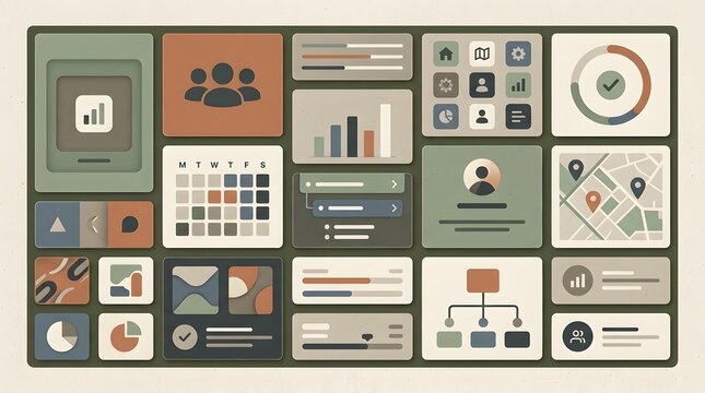 Modern digital user interface and dashboard layout with minimalistic abstract grid design in cool colors for technology and user experience