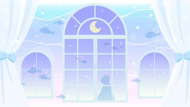 海の中の部屋と猫の幻想的な背景イラスト（配信用・壁紙・ファンタジー）