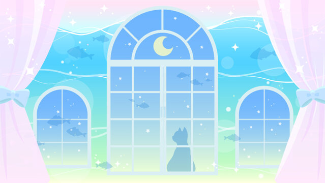 海の中の部屋と猫の幻想的な背景イラスト（配信用・壁紙・ファンタジー）