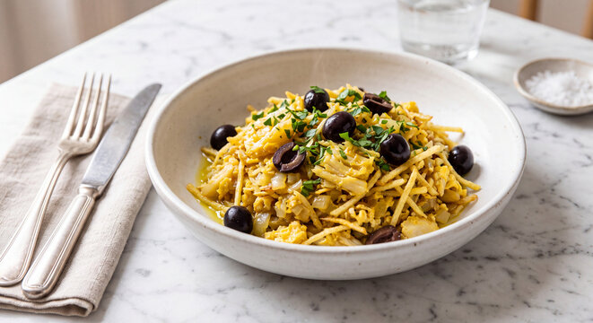 Bacalhau a Bras Traditional Portuguese Salted Cod Fish Stir Fry with Straw Potatoes and Eggs