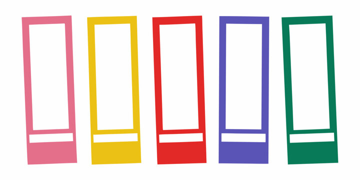 Five rectangular frames in pink yellow red purple and green