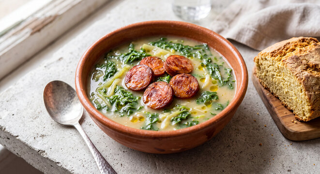 Caldo Verde Traditional Portuguese Green Soup with Chourico Sausage and Cornbread