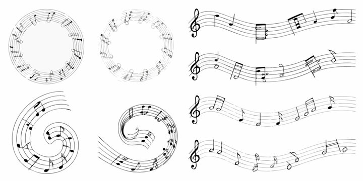 musical notes on staffs in elegant black and white line art music notation clef treble quavers semibreves graphic design ornate