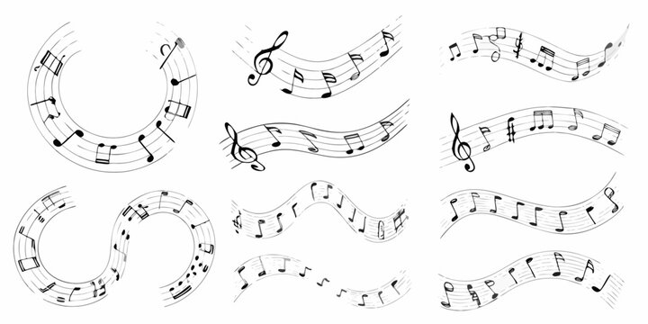 musical notes on wavy staffs black and white line art music notation clef quavers semibreves minims vector illustration graphic design