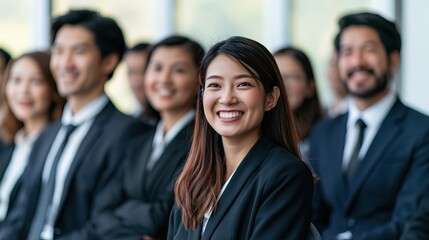 Fototapeta premium A smiling businesswoman standing confidently in front of her colleagues in a modern office