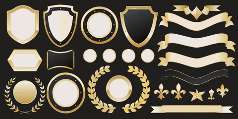 gold and black badges shields vector set on dark background emblems frames ribbons laurels fleur de lis stars hexagon oval circle decorative © Bijoy