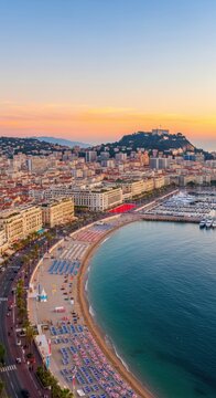 Aerial view of Nice France Promenade des Anglais at sunset.