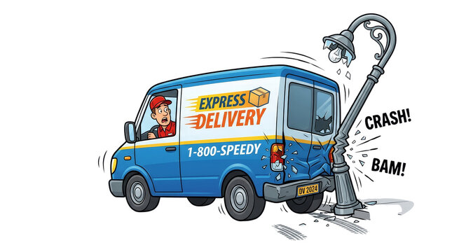 Cartoon Delivery Van Accident Crashing into Lamp Post with Shocked Driver