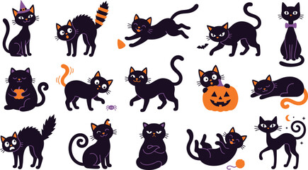 Naklejka premium Halloween black cats in various poses and costumes on white background