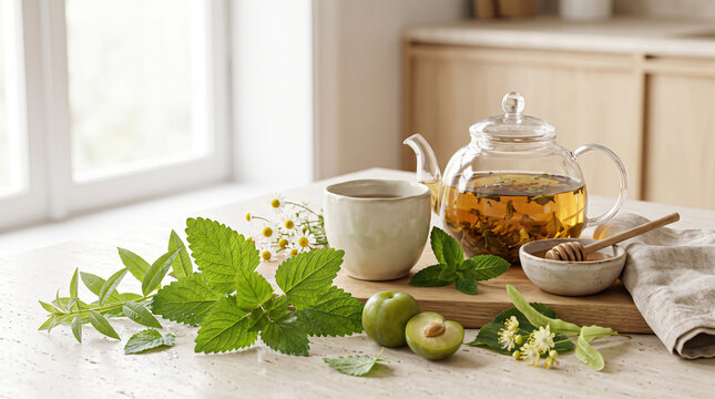 Infusing aromatic herbal blend within a glass teapot alongside fresh serrated mint leaves and golden honey for a restorative wellness ritual.