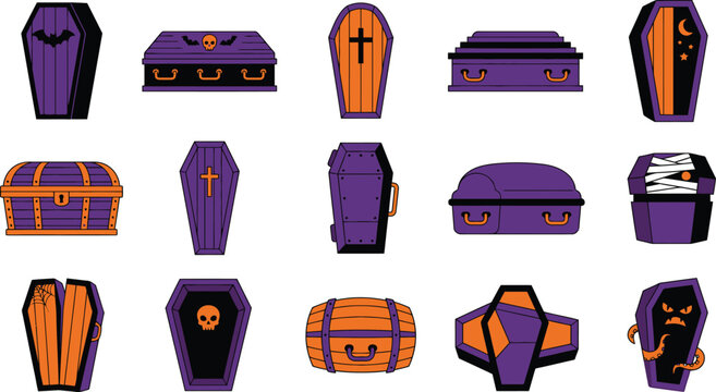 Halloween coffins and caskets in purple, orange, and black