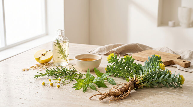 Microscopic textures of fibrous botanical roots and aromatic rosemary sprigs arranged on a polished stone surface for organic wellness and skincare.