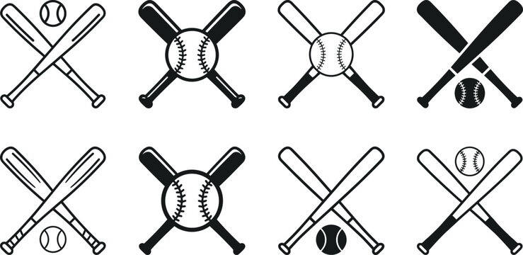 Crossed baseball bats and ball icon set vector illustration of sports team emblem tournament branding elements