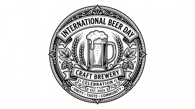 International beer certification emblem on white background. Vintage brewing award seal for professional brewery quality assurance.