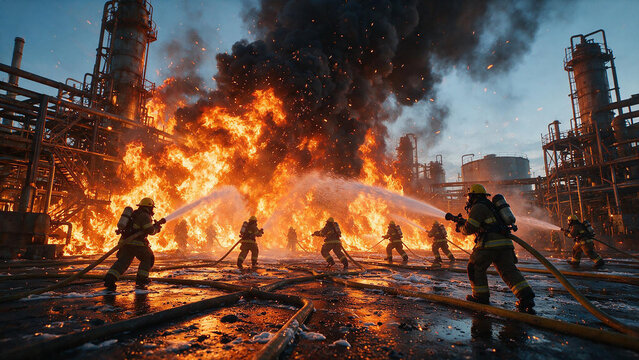 A dramatic cinematic scene of a team of firefighters battling a massive industrial blaze, towering walls of roaring orange flames and thick black smoke engulfing a refinery or factory. 