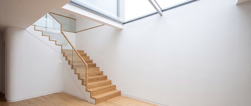 Bright modern interior staircase made of wood and glass with a large skylight above creating a well lit atrium effect in minimalist home