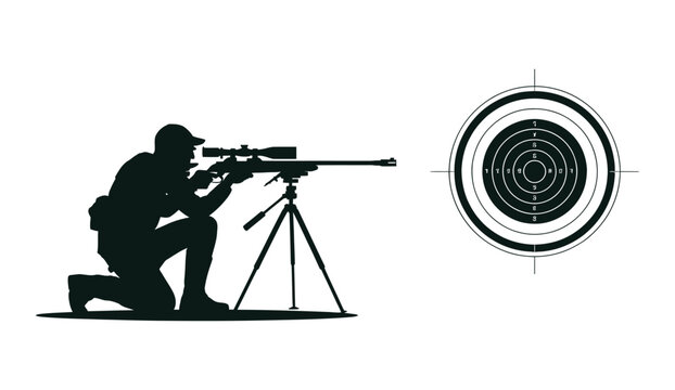 Tactical Marksman Silhouette Featuring Kneeling Shooter With Scoped Rifle And Target Symbol In Black Vector Style.