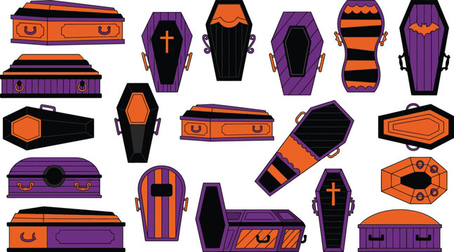 Halloween coffins and caskets in purple, orange, and black for spooky decoration