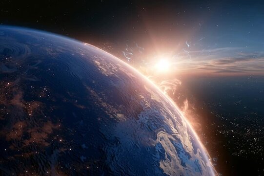 Planet Earth illuminated by sunrise above the atmosphere, inspiring space exploration background for astronomy, science and global technology themes.