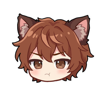 Cute chibi anime boy character avatar with brown hair and cat ears, vector illustration
