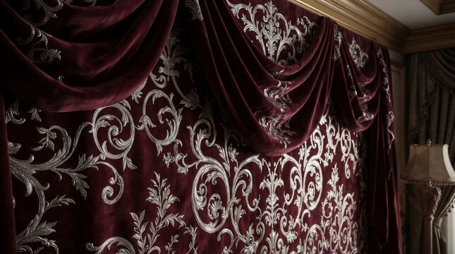 Elegant damask fabric drapery with swagged valance and detailed embroidery