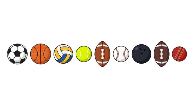 Clean vector graphic illustration presenting a colorful collection of diverse sports balls, suitable for marketing.