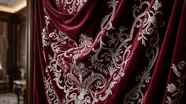 Elegant damask patterned velour fabric drapes with intricate floral embroidery