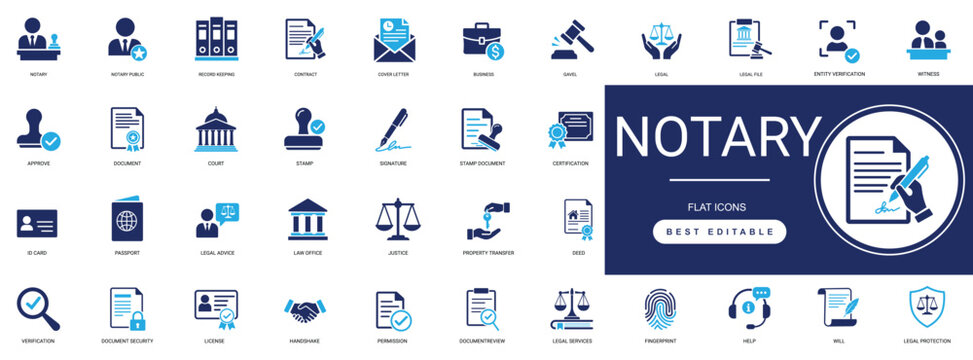 Notary solid icon set featuring legal document, stamp, signature, seal, certificate, authentication, and law concepts. Editable vector illustration.