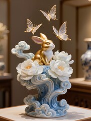 Fototapeta premium A luxury blue and white porcelain fantasy sculpture of a gold rabbit among white peonies with flowing clouds from a vase featuring butterflies and accents