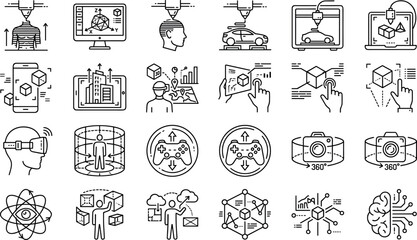 3D printing and virtual reality line icons set vector illustration of futuristic manufacturing technology © Afroja
