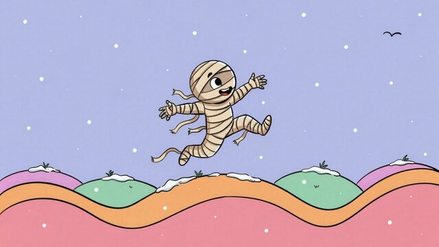 A cartoon mummy jumping over colorful hills on a snowy night