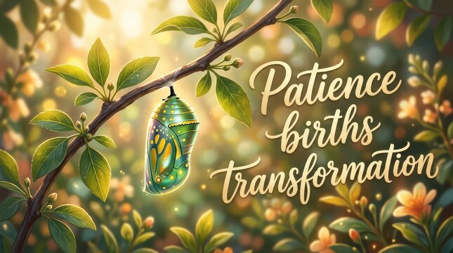 Green butterfly chrysalis hanging on a tree branch in a sun-drenched garden, symbolizing patience and transformation.