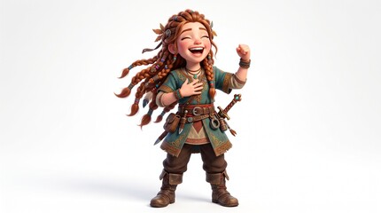 Fototapeta premium Cheerful Young Female Warrior Celebrating Victory in Fantasy Setting