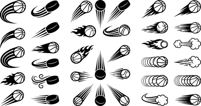 Flying sports balls silhouette icon set vector illustration of basketball hockey puck with speed motion lines