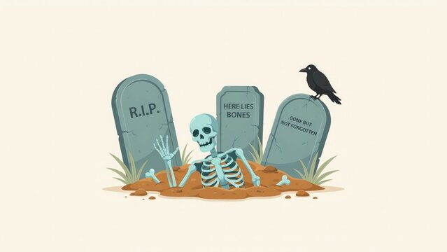 A skeleton emerging from a grave with tombstones and a crow