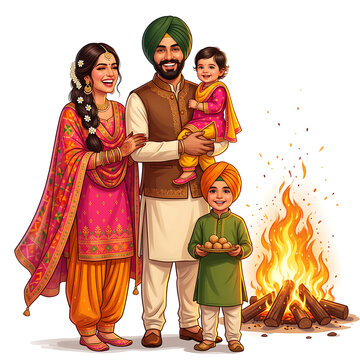 Full-body illustration of Punjabi family celebrating Lohri with bonfire and sweets on white
