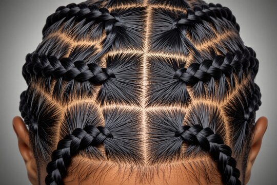 Top view of woman head showing intricate black hair braids in geometric square pattern. Pro hairstylist creates creative style with sharp parted sections. Close up detail of textured hair care design